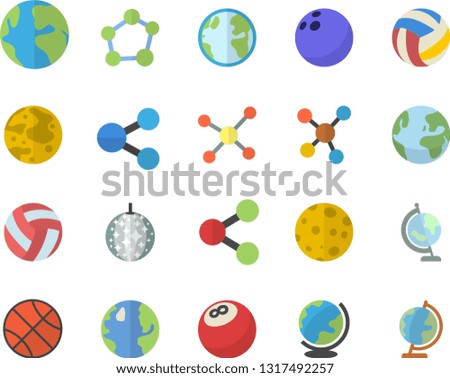 Color flat icon set earth flat vector, molecules, molecule, moon, globe, bowling ball, basketball, volleyball, fector, disco