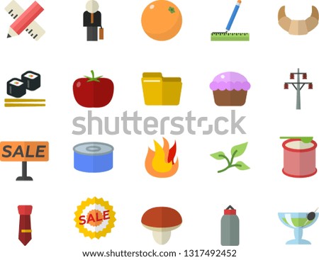Color flat icon set measure flat vector, fire, mushroom, tomato, croissant, canned food, cupcake, fish rolls, orange, tree leaf, power line support, sell out, computer file, tie, businessman