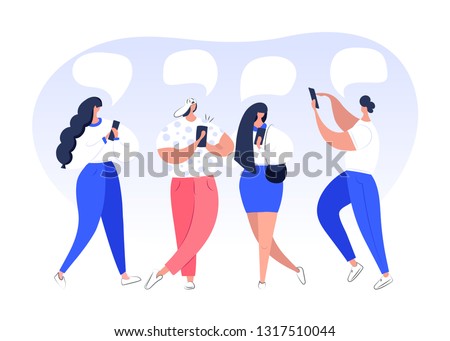 Social Network, Virtual Communication concept. Group of Young Cute People Chatting Using Smartphone. Characters Discussing, News, Chat, Dialogue with Speech Bubbles. Vector flat style for website.
