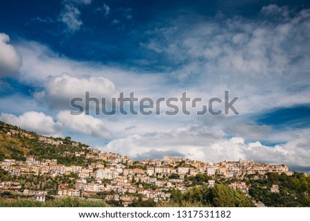 Monte San Biagio, Italy. Top View Of Residential Area. Cityscape In Autumn Day Under Blue Cloudy Sky.
