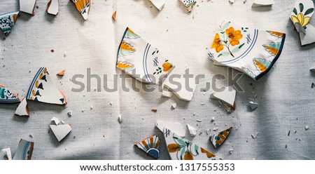 Shards of broken crockery ceramic plates cups and porcelain on the floor Royalty-Free Stock Photo #1317555353