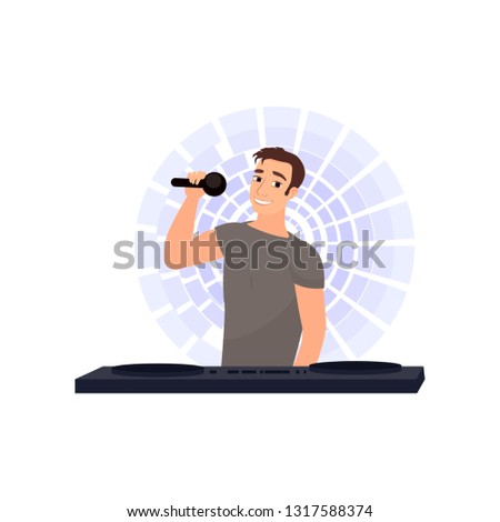 Smiling disk jockey with microphone and turntable against discolights on white background