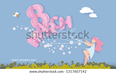 Happy 8 March womens day card. Woman with flowers and air balloons shaped as big eight and letters MARCH on blue sky background. Vector paper illustration