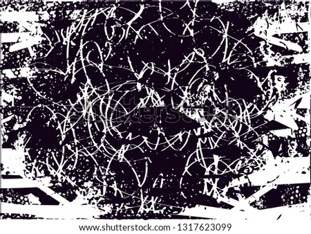 Distressed background in black and white texture with  dark spots, scratches and lines. Abstract vector illustration