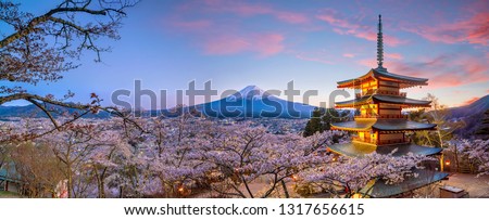 Mountain Fuji and Chureito red pagoda with cherry blossom sakura at sunset Royalty-Free Stock Photo #1317656615
