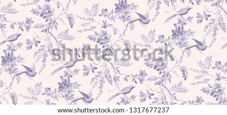 vintage monochrome seamless texture. small birds on the blooming cherry blossom.
