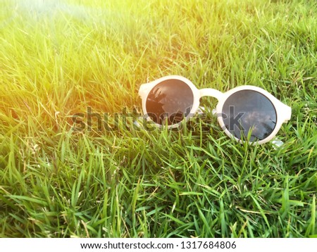 Sunglasses on green grass outdoor backyard and sunlight with copy space for text.