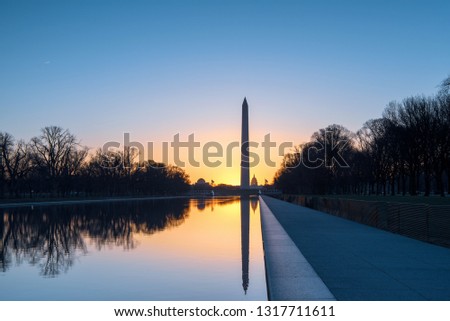 Washington Monument at Sunrise with reflection pool in Modern style, Capitol Building in foreground, Washington DC