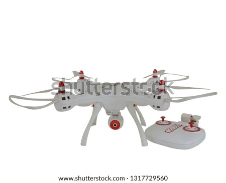 Front view white and red drone and side white and red remote control, copy space
