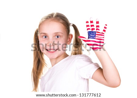 American and English flags on child's hands. Learning English language concept.