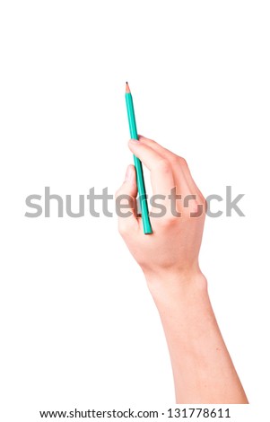Male hand with a pencil writing something isolated on white