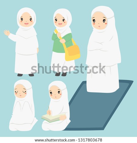 Vector collection of a Muslim girl doing her daily activities. Muslim girl reading quran, praying, and salat.