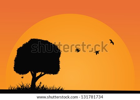 Flying Birds and Tree Silhouette. EPS 8 vector, grouped for easy editing. No open shapes or paths.