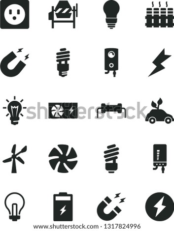 Solid Black Vector Icon Set - incandescent lamp vector, concrete mixer, saving light bulb, lightning, radiator, boiler, electronic, charging battery, wind energy, socket, fan, pc power supply
