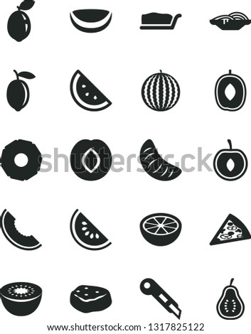 Solid Black Vector Icon Set - stationery knife vector, piece of pizza, slices onion, cake slice, meat, orange, plum, water melon, delicious, tangerine, half cherry, lemon, kiwi, sour lime, coconut