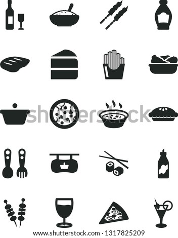 Solid Black Vector Icon Set - plastic fork spoons vector, fried vegetables on sticks, pizza, piece of, cake, pie, a bowl rice porridge, in saucepan, lettuce plate, chop, barbecue, potato slices, pan