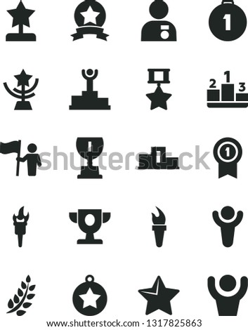 Solid Black Vector Icon Set - star vector, pedestal, flame torch, winner, laurel branch, podium, prize, award, cup, reward, man with medal, hold flag, first place, pennant, hero, ribbon, hands up