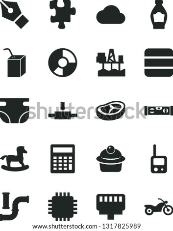 Solid Black Vector Icon Set - calculator vector, nappy, toy phone, packing of juice with a straw, small rocking horse, Puzzle, building level, muffin, bacon, bottle, commercial seaport, water pipes