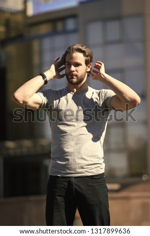 Urban style. urban style of handsome man in street. urban man has perfect style. fashion style of man on urban background. bearded and stylish