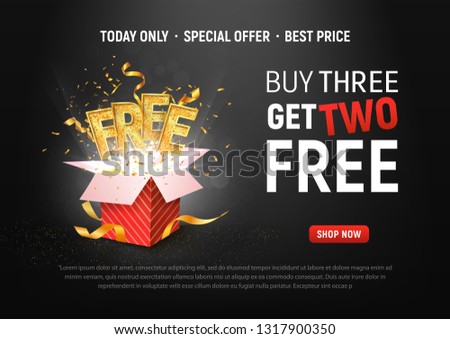 Buy 3 get 2 free vector illustration. Ad Special offer super sale red gift box on dark background