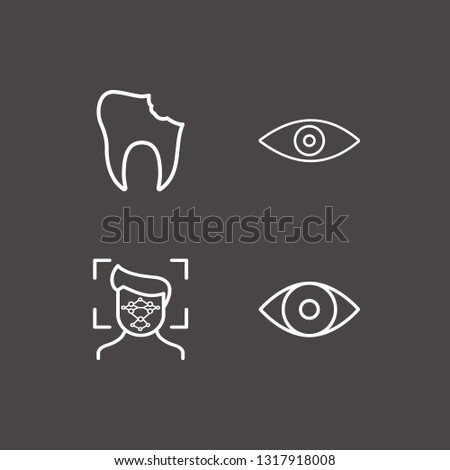 Outline 4 face icon set. eye, broken tooth and facial recognition vector illustration