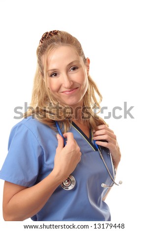 Smiling friendly female nurse in scrubs uniform.