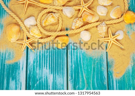Sea sand and Sea shells on blue wooden floor