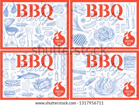 Set bbq barbecue grill posters elements grilled food, sausages, chicken, french fries, steaks, fish, BBQ bar vegetables party welcome. Sketch style set drawing products. Hand drawn vector illustration