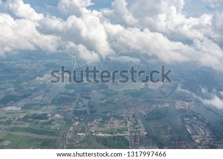 panoramic city skyline during airplane