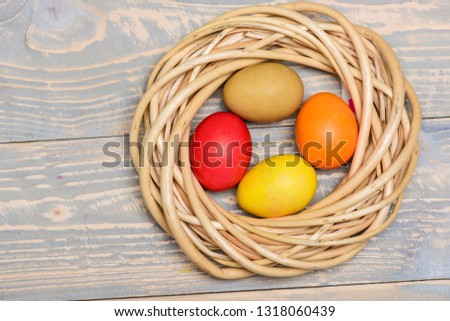 Spring holiday. Holiday celebration, preparation. Egg hunt. painted eggs in nest. copy space. Healthy and happy holiday. Happy easter. Greeting easter.