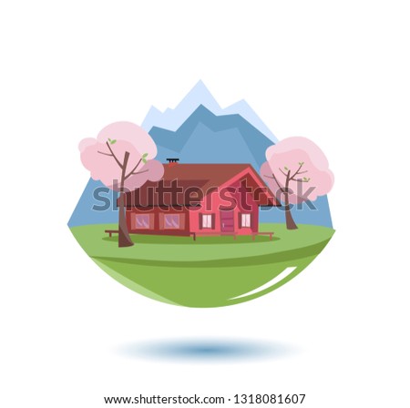 piece of winter is hanging in the air. Winter snowy landscape with mountains, wood country house, firs, snowy nature. Christmas season card. Flat cartoon style vector illustration in blue colors.