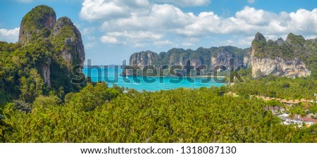 Panoramic view of Railay Beach from hill viewpoint, Krabi province, Thailand.