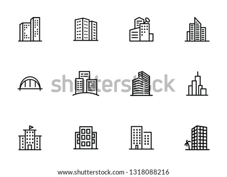 City buildings line icon set. Office, apartment, flat. Real estate concept. Can be used for topics like property, business center, downtown Royalty-Free Stock Photo #1318088216