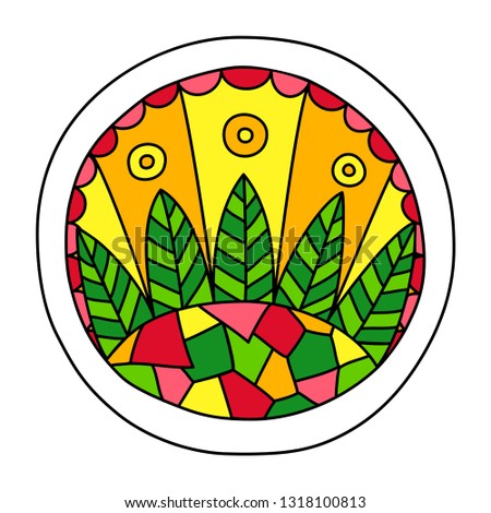 Round coloring page filled with hand drawn doodle motifs in a circle, isolated on white background. Vector illustration