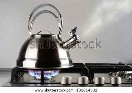 Tea kettle with boiling water on gas stove Royalty-Free Stock Photo #131814332