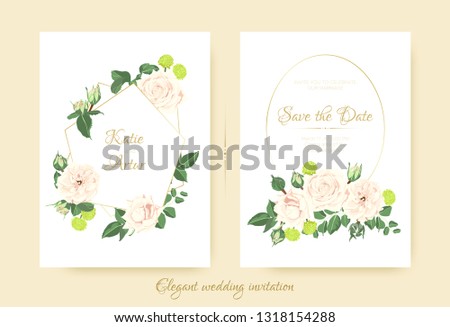 Wedding Invitation with Roses Bouquet, Cards Templates for Marriage. Vintage Flower Composition, Greeting Invite. Floral Set for Wedding Design. Pastel or Watercolor Style. Summer Romantic Wedding.