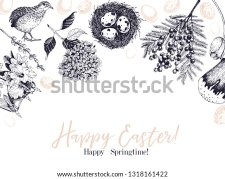 Easter greeting card. Hand drawn vector banner. Eggs, nest, cake, willow branch, quail, hydrangea, tulip, mimosa, hyacynth Vintage engraved spring holiday decoration Traditional retro icon set.