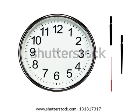 Close up of blank silver clock isolated on white background with clipping path for all elements so you can easily set your own time