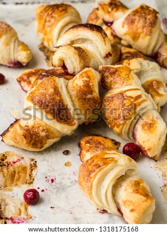 freshly baked croissants on parchment paper, top view. Breakfast. Coffee time. Coffee break. French lunch. French breakfast.