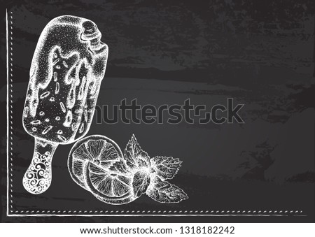 Vector template with fruit ice cream on a stick stylized as chalk drawing on chalkboard.Design for a restaurant, cafe or bar