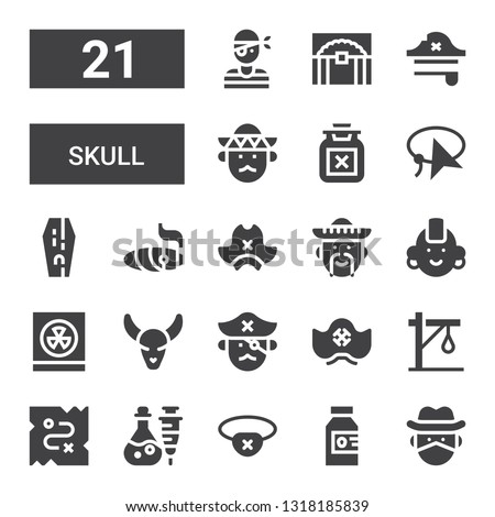 skull icon set. Collection of 21 filled skull icons included Cowboy, Poison, Eyepatch, Treasure, Gallows, Pirate hat, Pirate, Bull skull, Radioactivity, Punk, Mexican, Cigar, Coffin