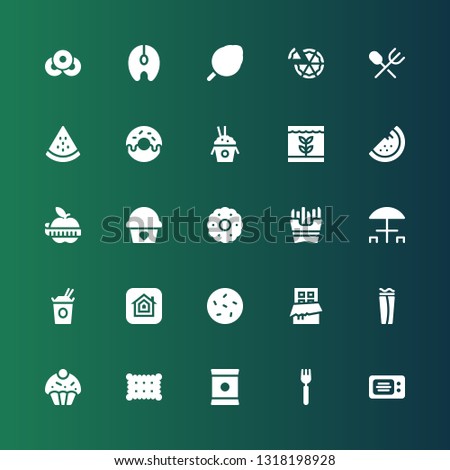 eat icon set. Collection of 25 filled eat icons included Microwave, Fork, Chips, Cookie, Cupcake, Wrap, Chocolate, Apple, Noodles, Picnic table, French fries, Biscuit, Watermelon