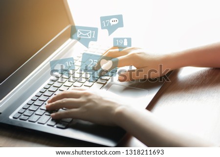 Woman hands using laptop for social media marketing and ecommerce concept.
