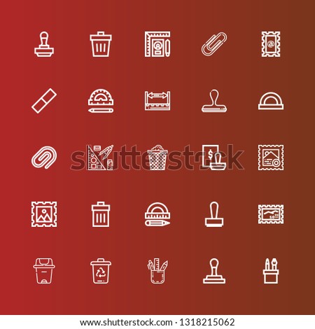 Editable 25 supplies icons for web and mobile. Set of supplies included icons line Pencil case, Stamp, Trash bin, Trash can, Protractor, Trash, Stationery, Paper clip, Ruler on red