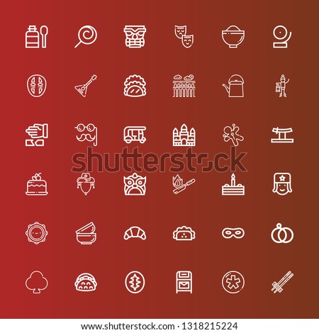 Editable 36 traditional icons for web and mobile. Set of traditional included icons line Chopsticks, Diaspora, Postbox, Sourdough, Taco, Clover, Wedding rings, Mask, Croissant on red