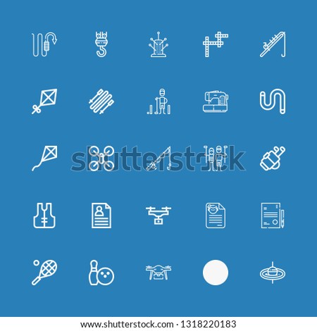 Editable 25 hobby icons for web and mobile. Set of hobby included icons line Fishing rod, Golf, Drone, Bowling, Tennis, Resume, CV, Lifejacket, Golfer, Fishing on blue background