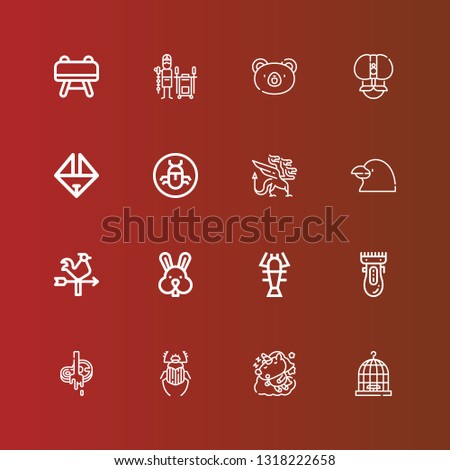 Editable 16 animal icons for web and mobile. Set of animal included icons line Cage, Unicorn, Beetle, Butcher, Clipper, Lobster, Rabbit, Vane, Raven, Dragon, Bug, Origami on red