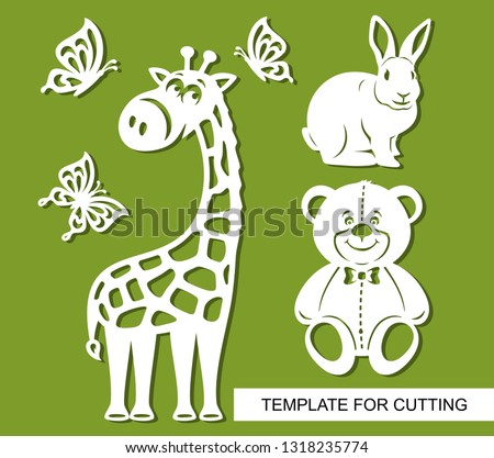 Silhouettes of giraffe, Teddy bear, rabbit and butterflies. Decor for children's room. White cartoon characters on a green background. Template for laser cutting, wood carving or paper cut. Vector.