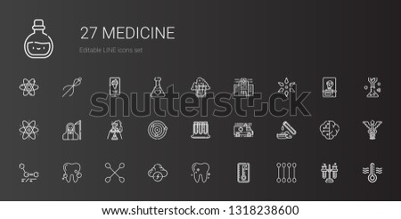 medicine icons set. Collection of medicine with cotton swab, temperature, tooth, brainstorm, molecules, test tube, ambulance, test tubes. Editable and scalable medicine icons.