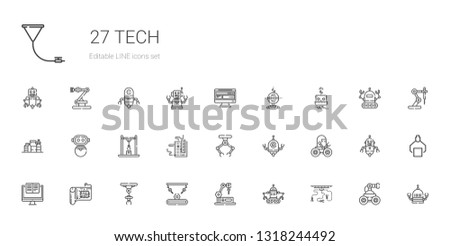 tech icons set. Collection of tech with industrial robot, robot, cpu, computer, motherboard, proteins, funnel. Editable and scalable tech icons.